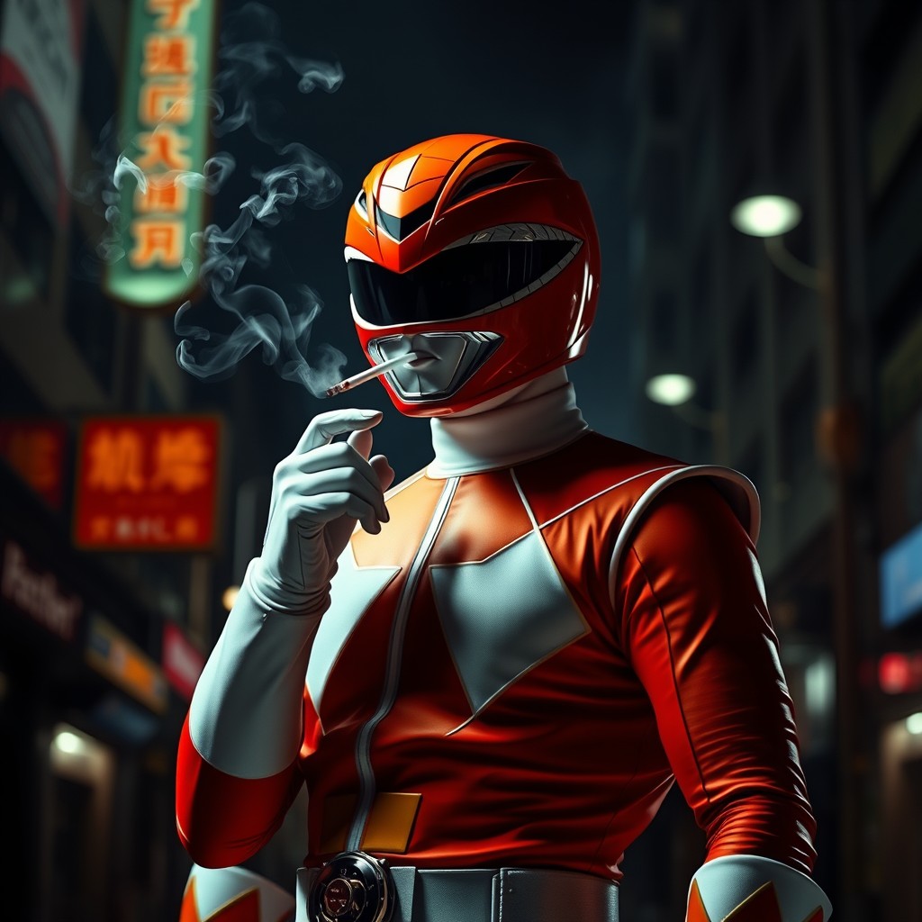 A Power Ranger standing confidently, exhaling smoke from a cigarette