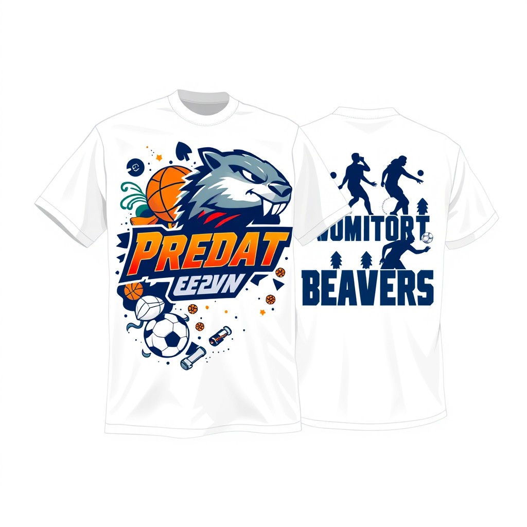 A custom white T-shirt design prominently featuring the logo of the student sports club "Predatory Beavers" on the front