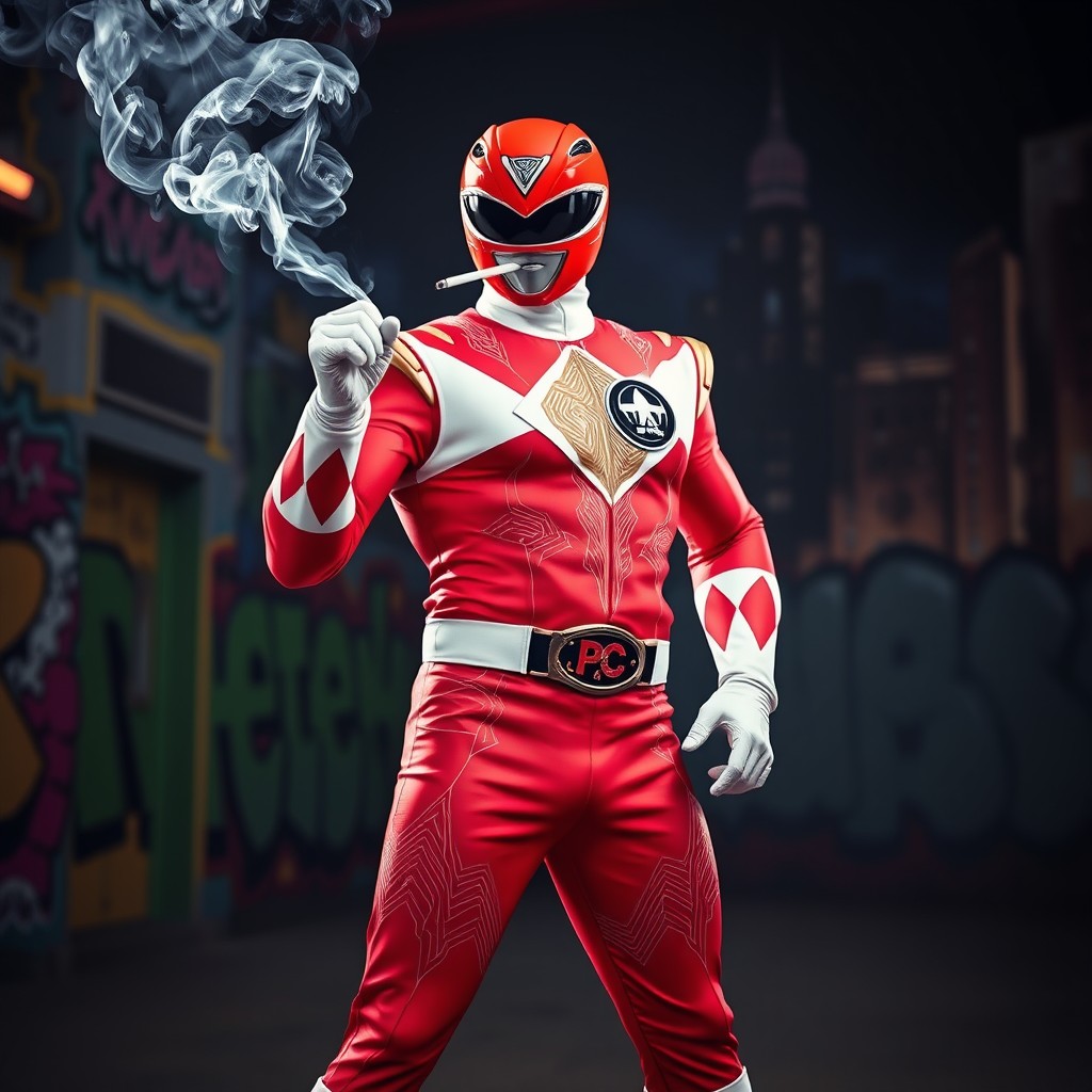 A powerful ranger standing confidently in a dynamic pose, wearing a vibrant, iconic Power Ranger suit with intricate designs