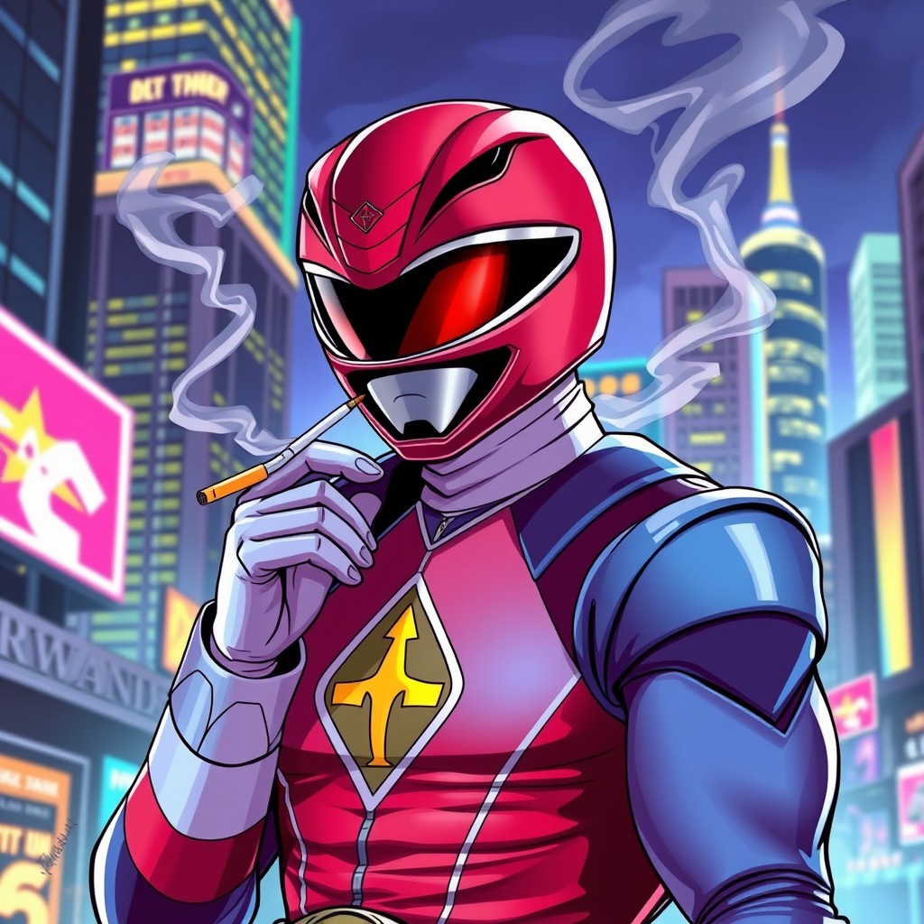 A vibrant and dynamic illustration of a Power Ranger character, clad in their iconic helmet and spandex suit, casually smoking a cigarette