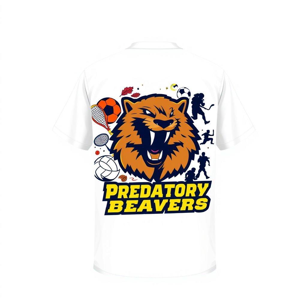 A unique custom white T-shirt design featuring the logo of the student sports club "Predatory Beavers" prominently on the front