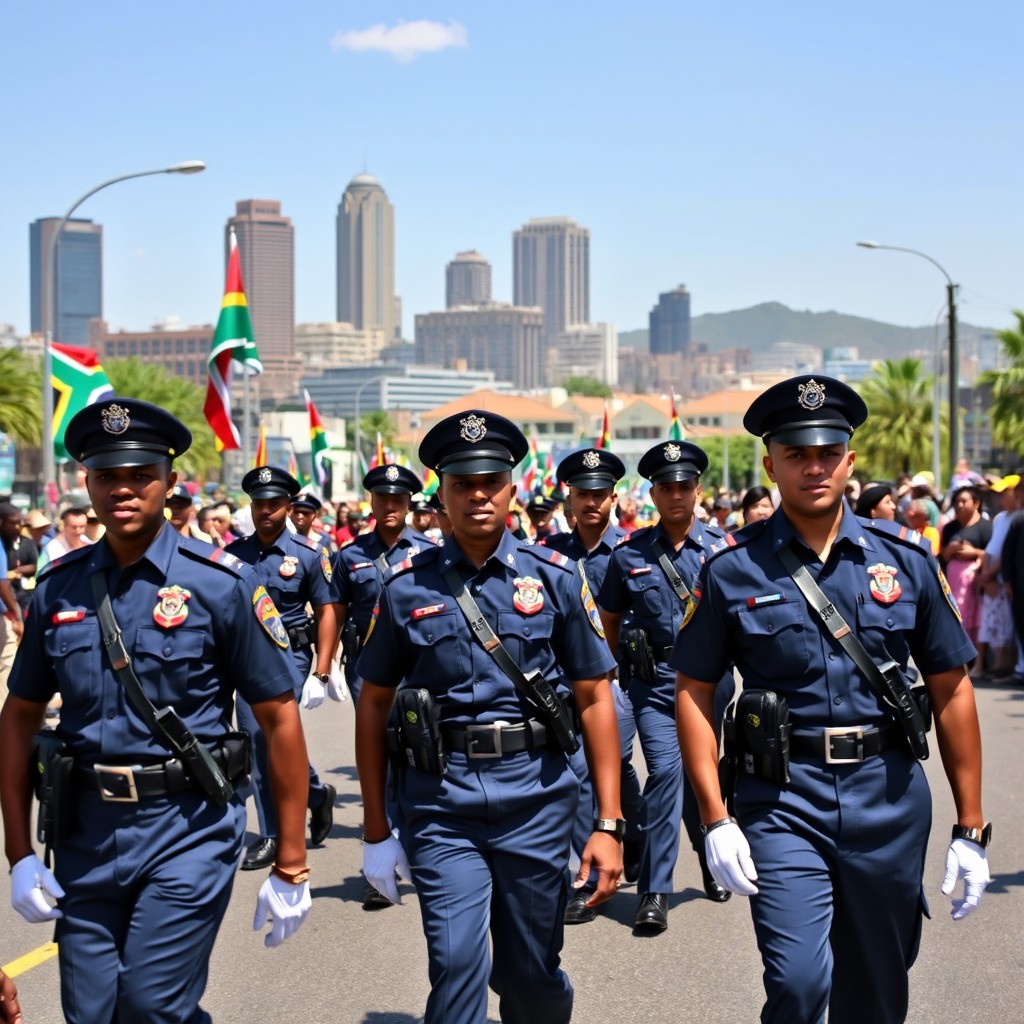 A vibrant scene of a South African Police Service parade, showcasing police officers in uniform marching proudly