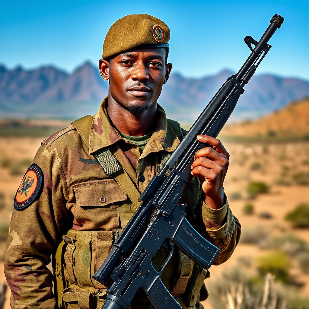 A South African soldier in full military gear, standing tall and proud