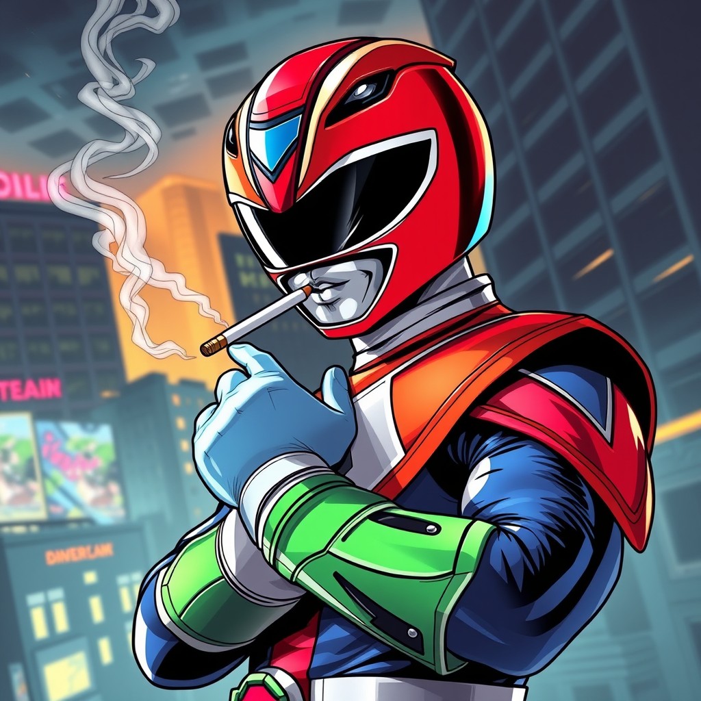A Power Ranger in a dynamic, action-packed pose, wearing a vibrant, iconic helmet and colorful armor