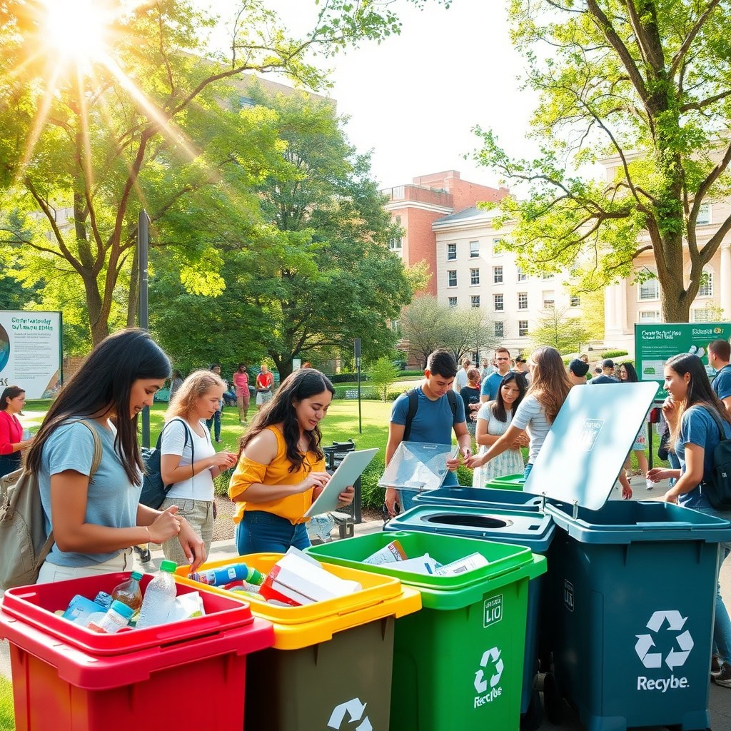 A vibrant university campus scene showcasing a strong recycling program at LIU