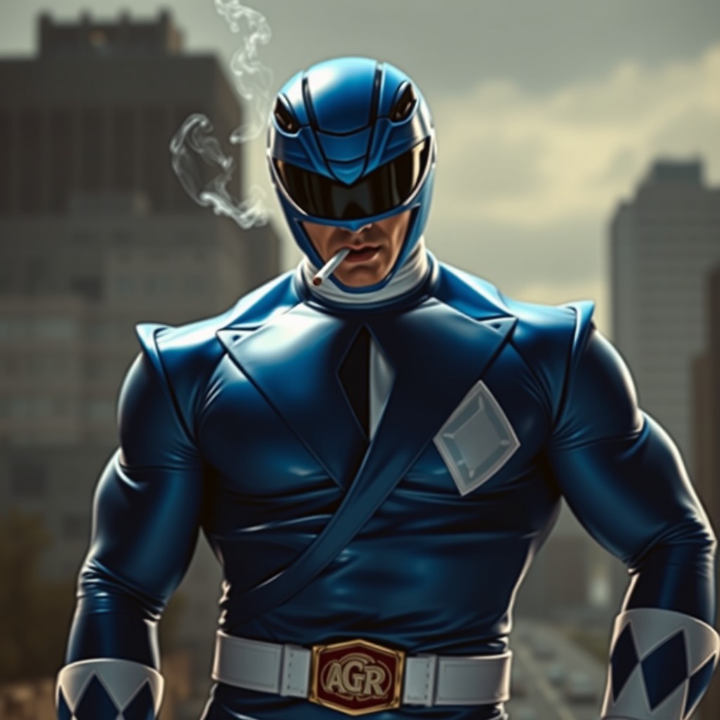 A powerful blue ranger standing confidently, dressed in a sleek blue suit with a white diamond pattern, taking a deep puff from a cigarette