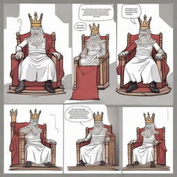 A 2D comic strip featuring an evil king sitting on his throne