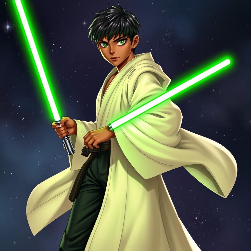 A full-body view of a heroic sci-fi character with short black hair and brown skin, holding a vibrant green lightsaber