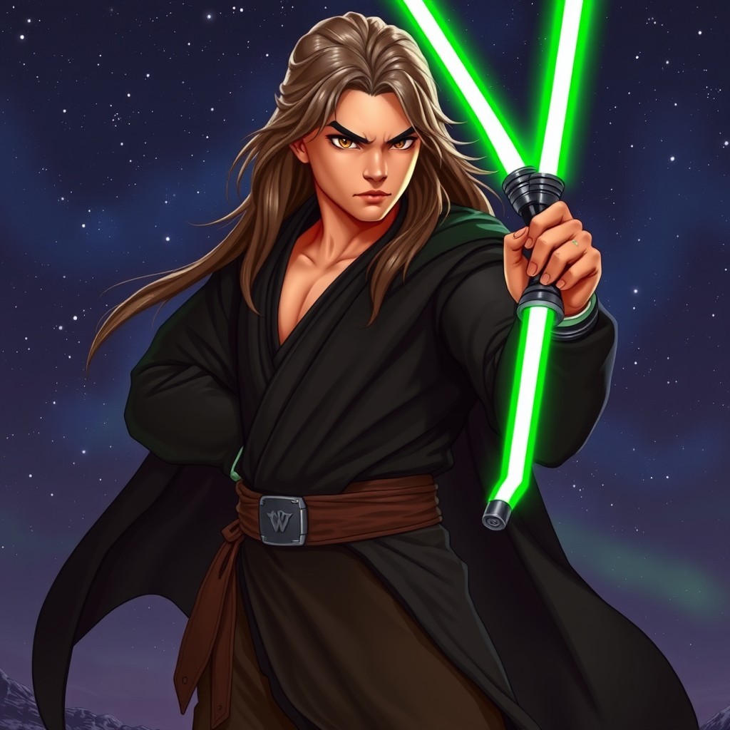 A captivating sci-fi character with long brown hair highlighted with strands of grey, signifying wisdom and age