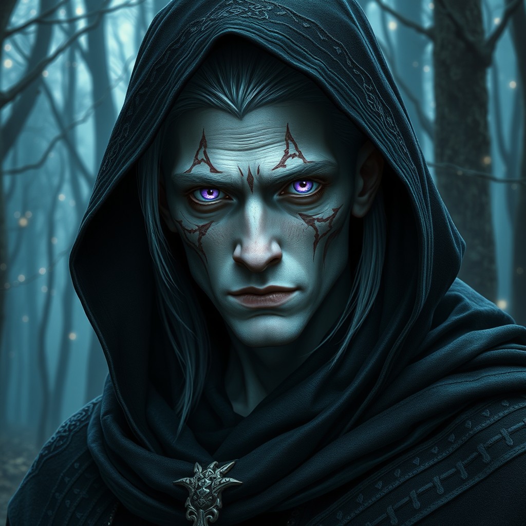 A male elf with striking albino skin, characterized by various scars that signify his battle experiences and storied past