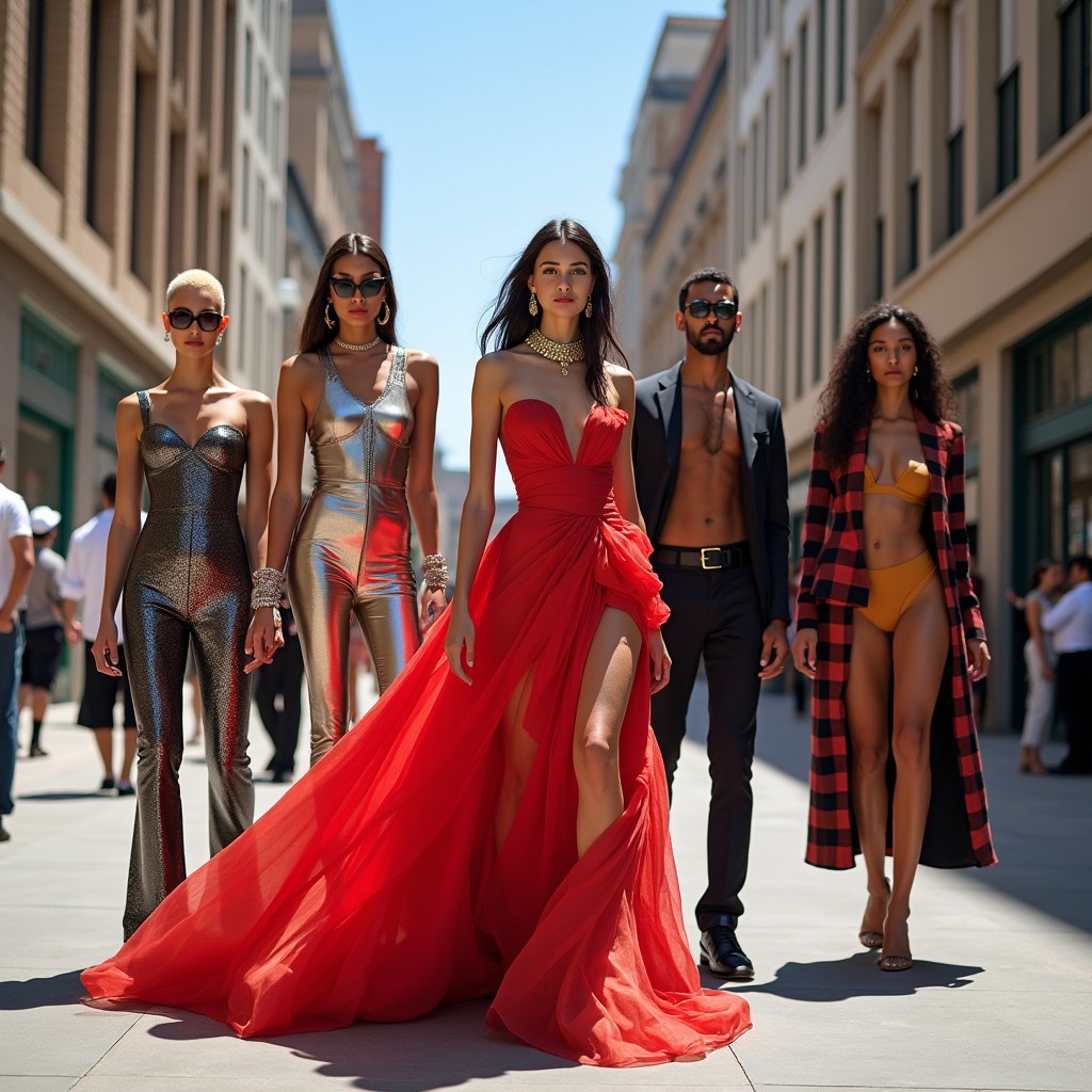 A diverse group of models showcasing high fashion attire in an urban setting