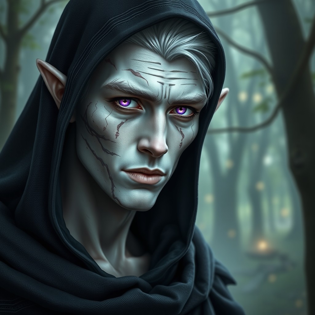 A male elf with striking albino skin, showcasing a multitude of scars that reflect his past struggles and adventures
