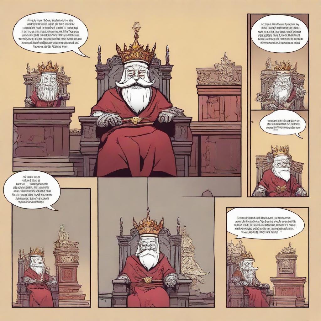 A 2D comic strip featuring an evil king sitting on his throne