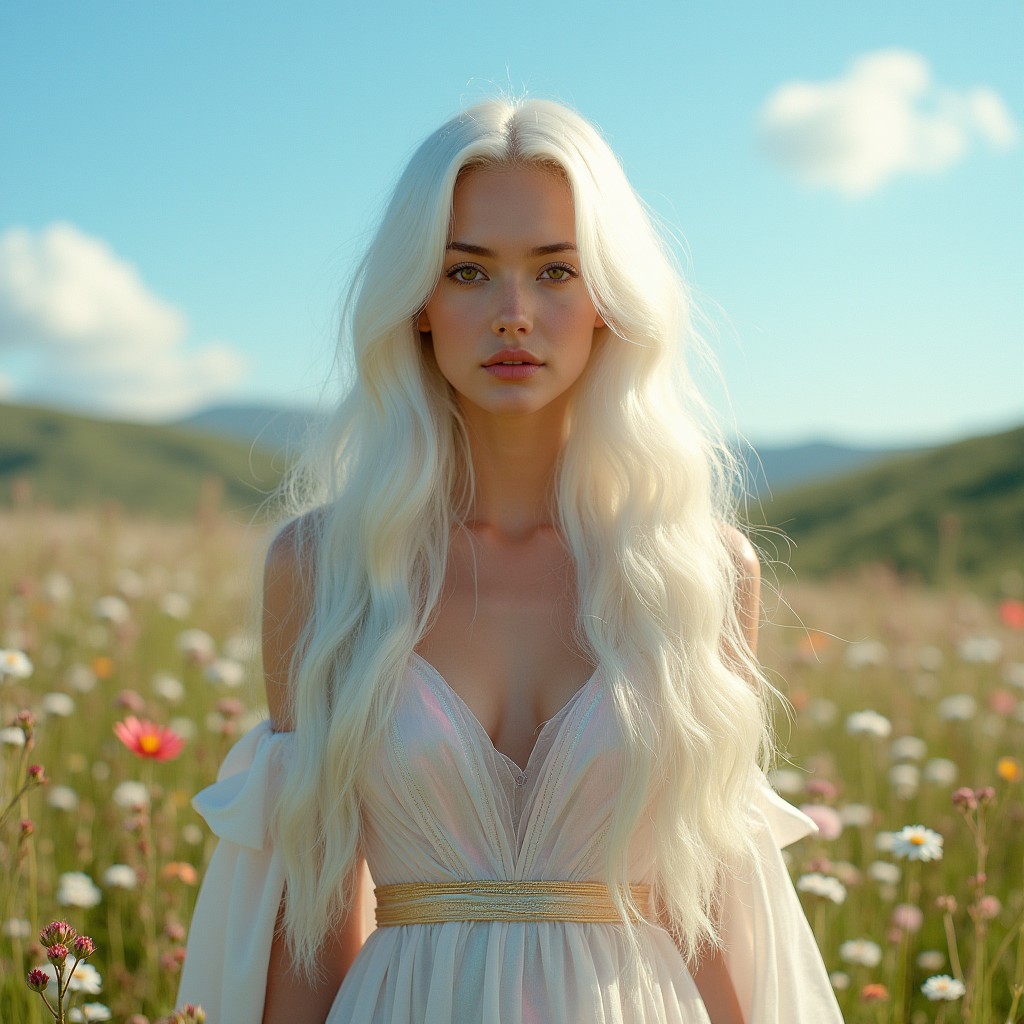 A strikingly beautiful model with long white hair, wearing an elegant, flowing dress made of iridescent fabric that reflects soft colors