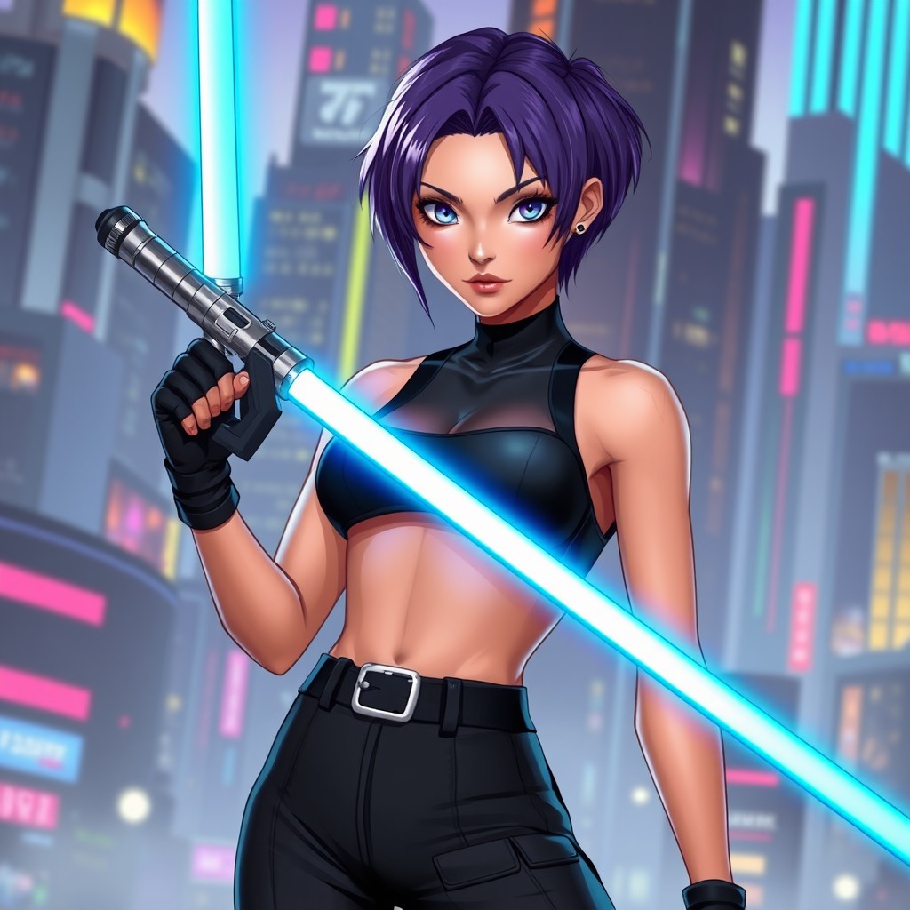 A striking sci-fi character with short purple hair and captivating purple eyes, exuding a bold and confident aura