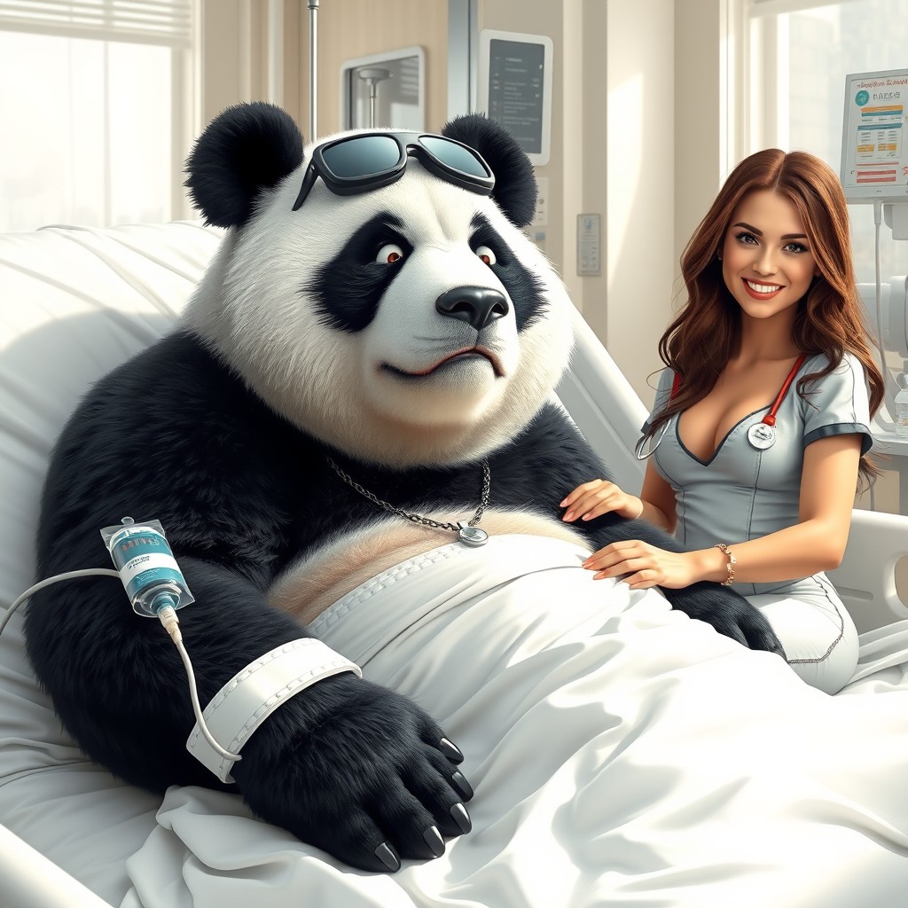 A large panda, themed as a gangster, lying in a hospital bed in a morning setting