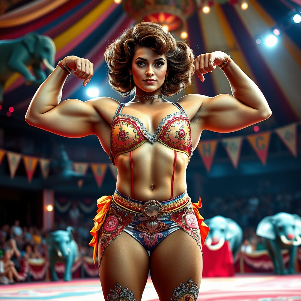 A powerful circus strongwoman with an impressive physique, showcasing her strength in a colorful circus setting
