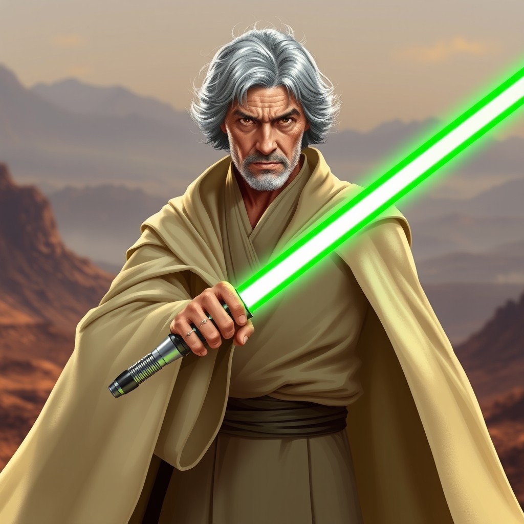 An intriguing sci-fi character in his mid-seventies, with distinguished grey hair that adds to his wisdom