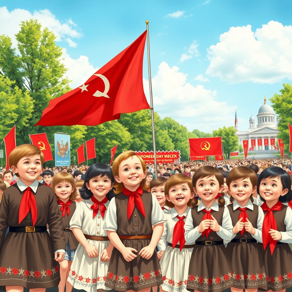 A vibrant and nostalgic celebration of Pioneer Day in the Soviet Union, featuring children dressed in classic pioneer uniforms complete with red neckerchiefs