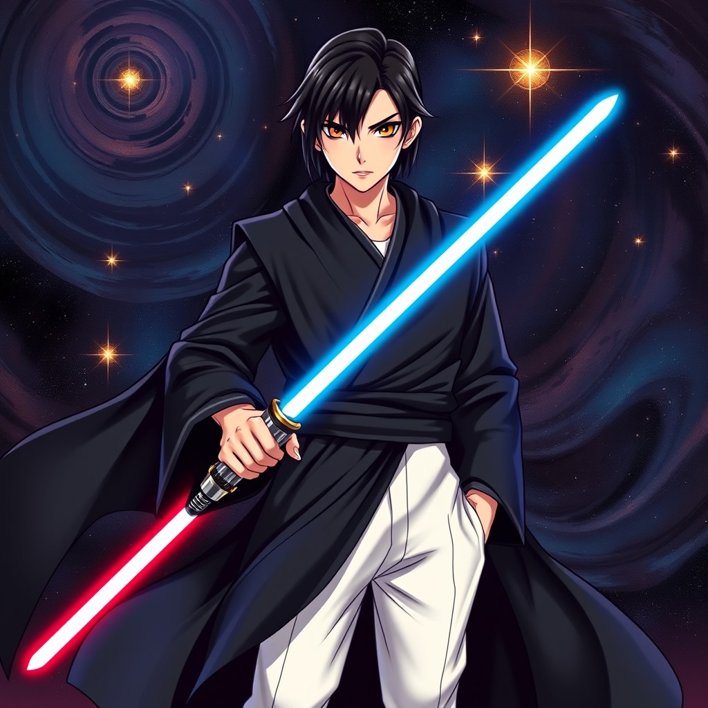 An intriguing character with sleek black hair and warm brown eyes, embodying a strong presence as a Jedi