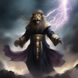 Ki Singalodra, a commander akin to a lion, cloaked in a black robe with his visage obscured by a mask, emits a thunderous roar. He wearily steps into a cloud teeming with raging thunderstorms.