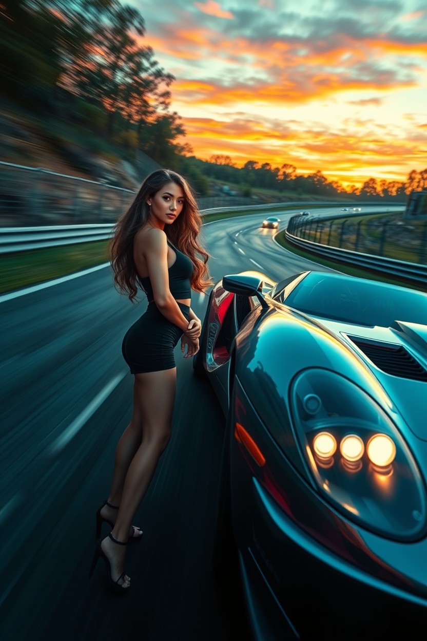 A thrilling automotive scene depicting a high-speed race along a winding track