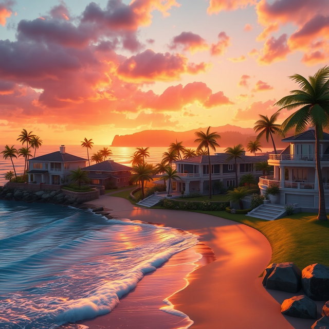 A highly detailed, realistic depiction of Snobby Shores from Fortnite, showcasing the elegant, modern homes along the coastline with lush gardens and manicured lawns