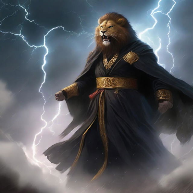 Ki Singalodra, a commander akin to a lion, cloaked in a black robe with his visage obscured by a mask, emits a thunderous roar. He wearily steps into a cloud teeming with raging thunderstorms.