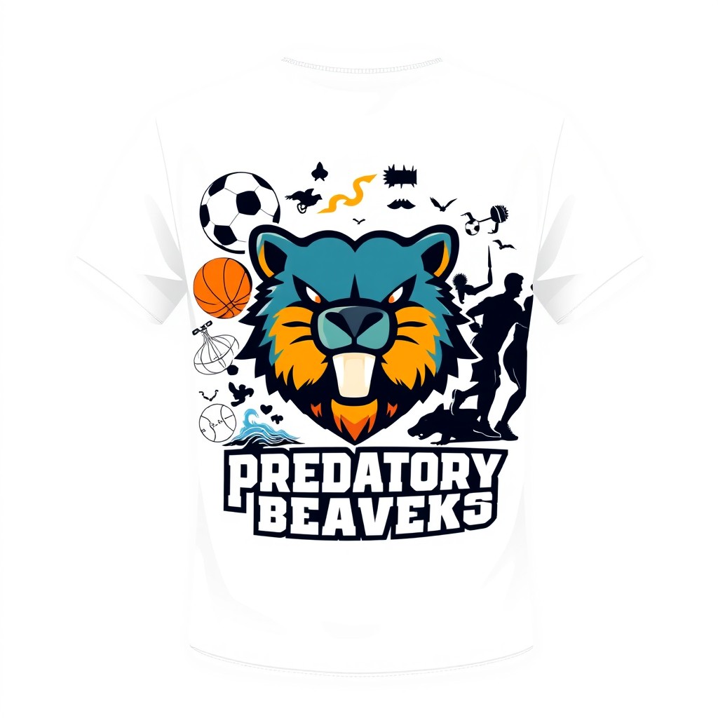 A custom white T-shirt design featuring the logo of the student sports club "Predatory Beavers" prominently on the front