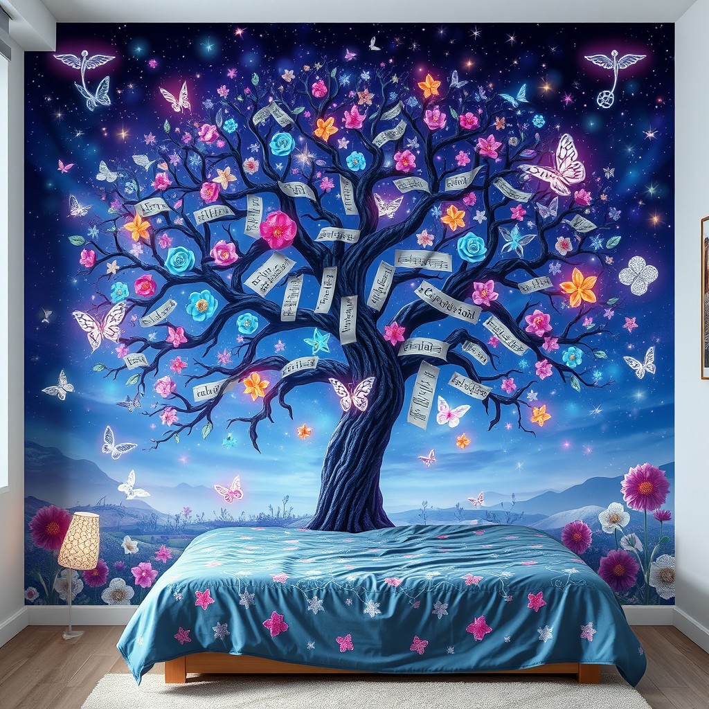 A vibrant and artistic wall design inspired by the album 'The Tree of Language' by the South Korean group Dreamcatcher