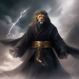 Ki Singalodra, a commander akin to a lion, cloaked in a black robe with his visage obscured by a mask, emits a thunderous roar. He wearily steps into a cloud teeming with raging thunderstorms.