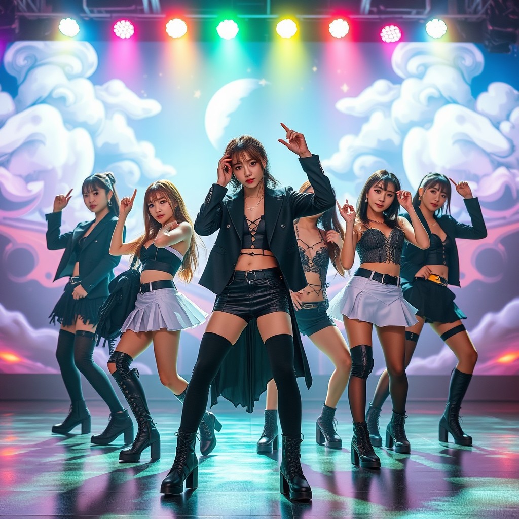 A vibrant and energetic K-pop group performance featuring Dreamcatcher