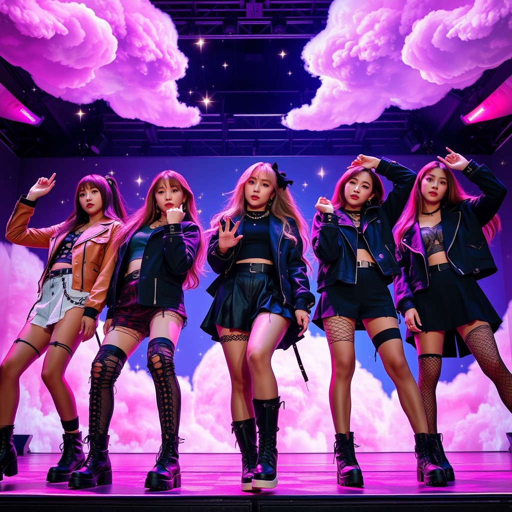A vibrant and energetic K-pop scene featuring the girl group Dreamcatcher, styled in their signature aesthetic