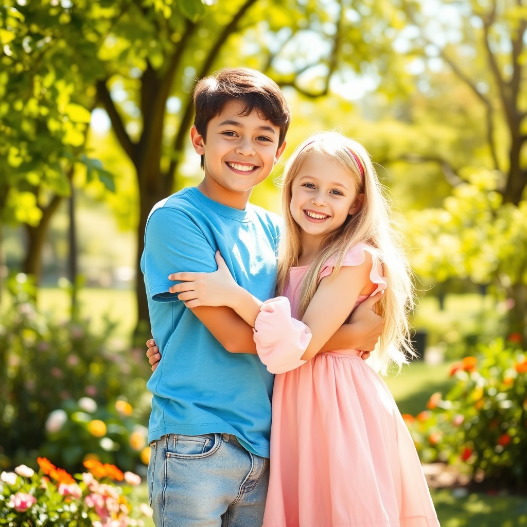 A heartwarming scene of a boy and girl embracing each other in a sunny park, surrounded by vibrant green trees and blooming flowers