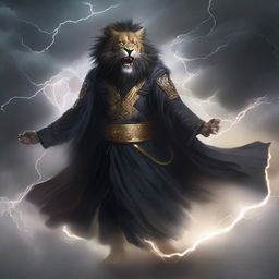 Ki Singalodra, a commander akin to a lion, cloaked in a black robe with his visage obscured by a mask, emits a thunderous roar. He wearily steps into a cloud teeming with raging thunderstorms.