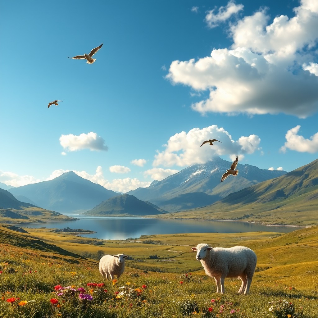 A serene landscape featuring a majestic mountain range in the background, lush green valleys dotted with wildflowers in vibrant colors, a crystal clear lake reflecting the mountains, and a clear blue sky with fluffy white clouds