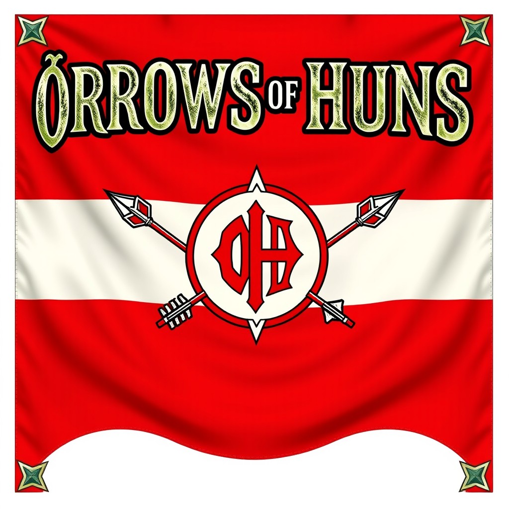 An epic fantasy war flag featuring bold and stylized words '∆RROWS of HUNS' prominently displayed across the top