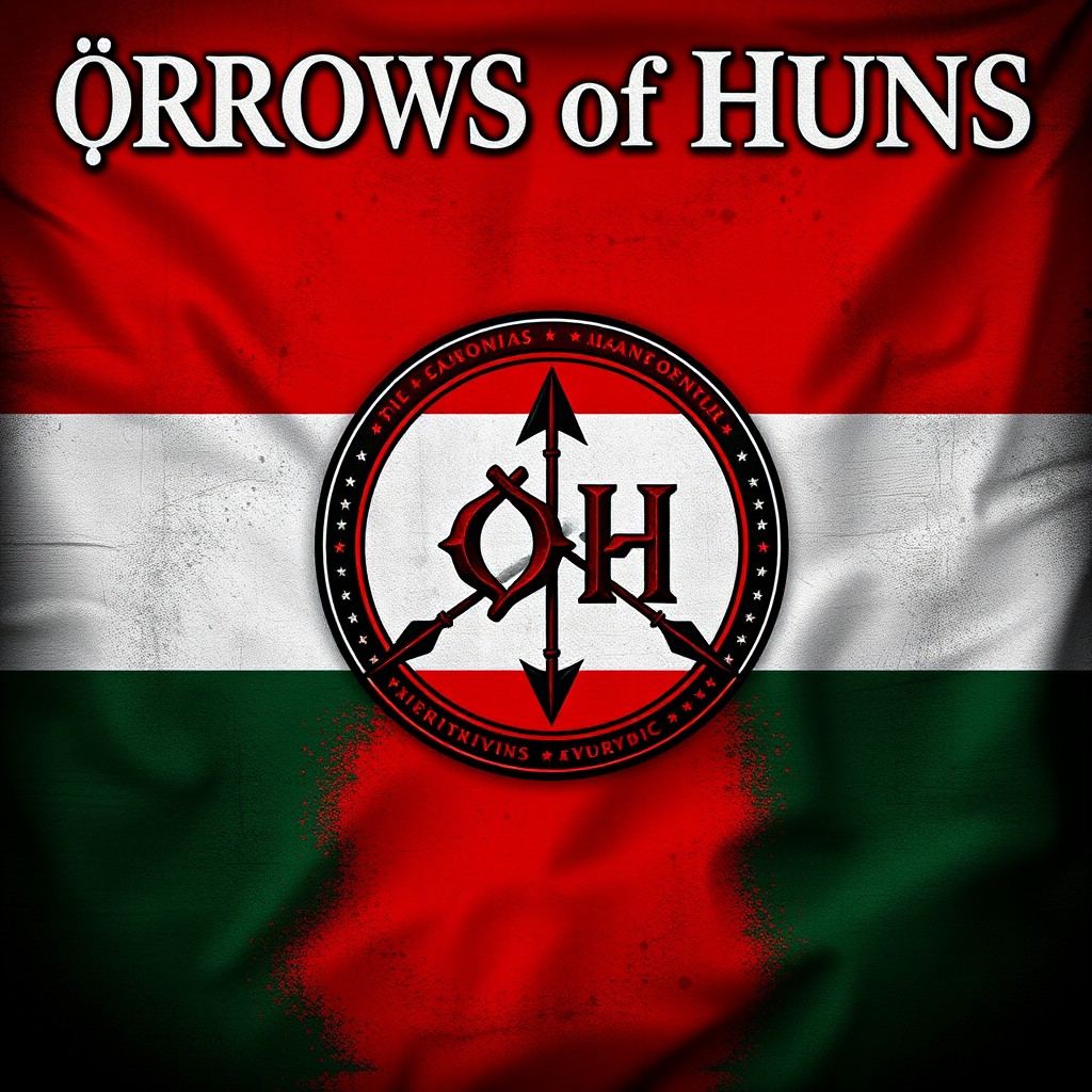 An epic fantasy war flag featuring the bold words '∆RROWS of HUNS' prominently on the top and '∆OH' logo in the center, designed with two crossed arrows