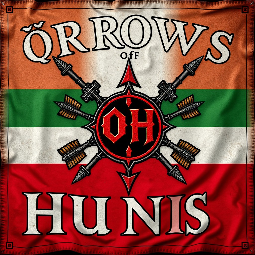 An epic fantasy war flag featuring the words '∆RROWS of HUNS' prominently displayed
