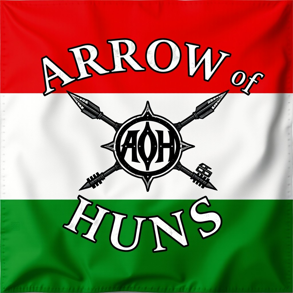 An epic fantasy war flag featuring the words 'ARROWS of HUNS' prominently displayed