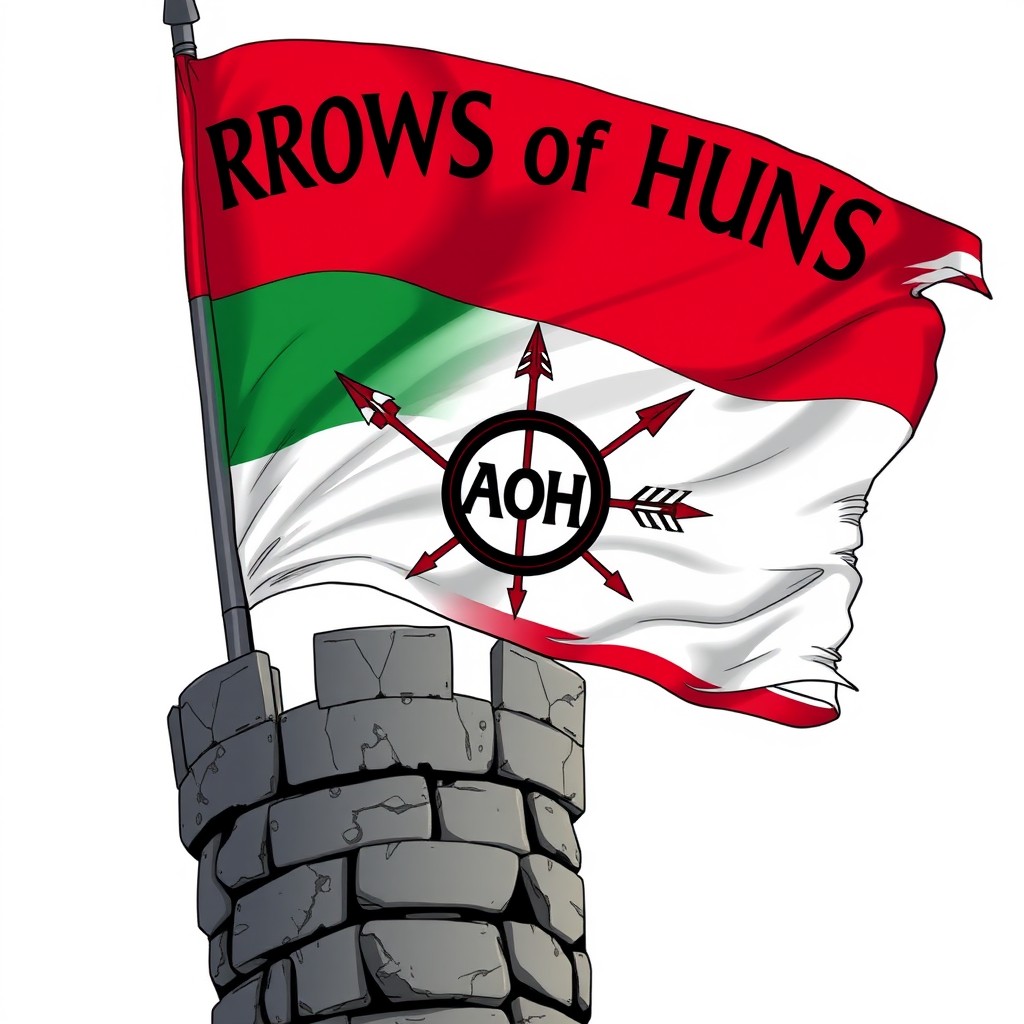 An epic fantasy war flag representing the Huns, featuring the words 'ARROWS of HUNS' emblazoned across the top