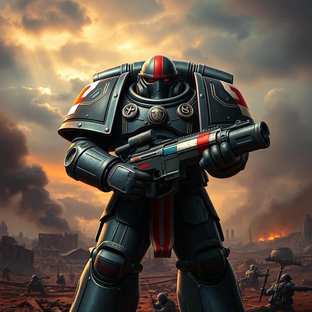 A powerful Adeptus Astartes Space Marine from the Warhammer 40,000 universe, standing proudly against a dramatic sky