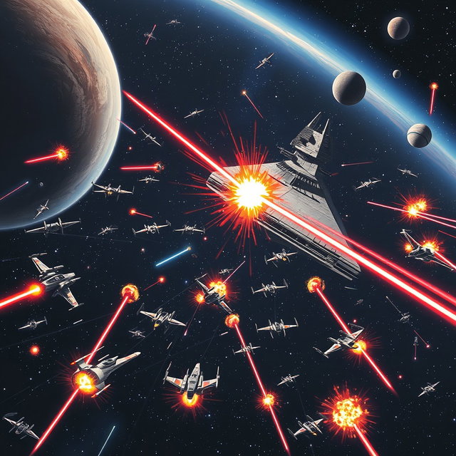 A dynamic and expansive scene from the Star Wars universe showcasing a fierce space battle between iconic starships, like X-Wings and Tie Fighters, amid a vibrant star field with distant planets