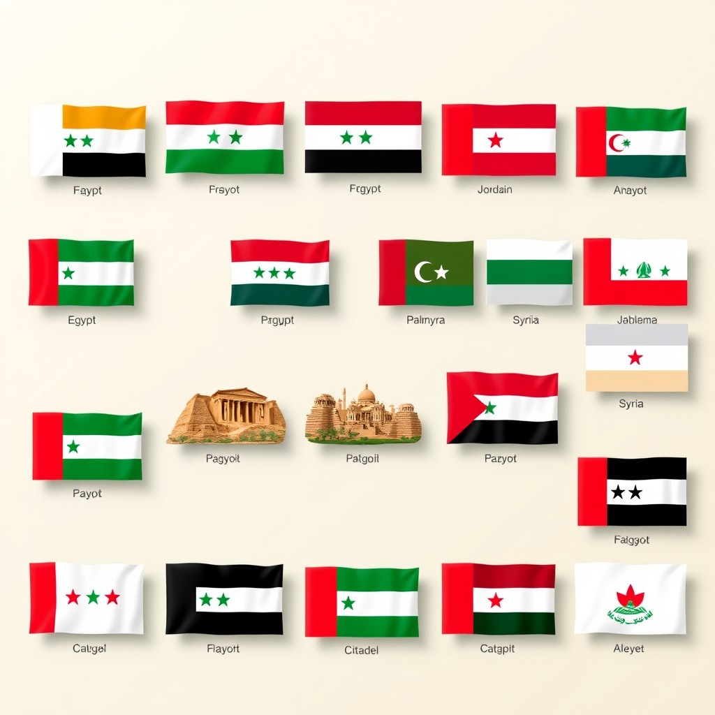 A collage showcasing the flags of all Arab countries, each accompanied by a famous archaeological site from that nation