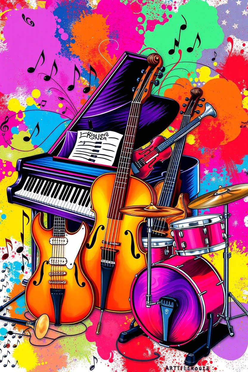 A vibrant and artistic illustration of various musical instruments, including a grand piano, electric guitar, violin, trumpet, and drums, arranged in a dynamic and eye-catching composition
