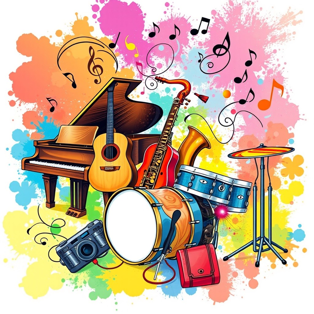 An imaginative and colorful illustration of a variety of musical instruments including a grand piano, acoustic guitar, saxophone, and drums, arranged in a lively and engaging manner