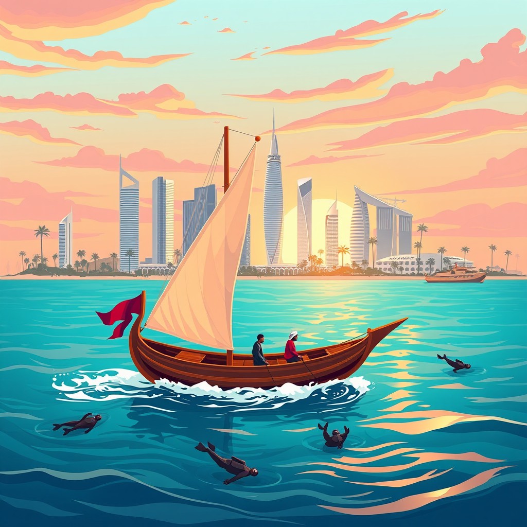 An artistic illustration capturing the essence of Qatar's rich pearl diving heritage