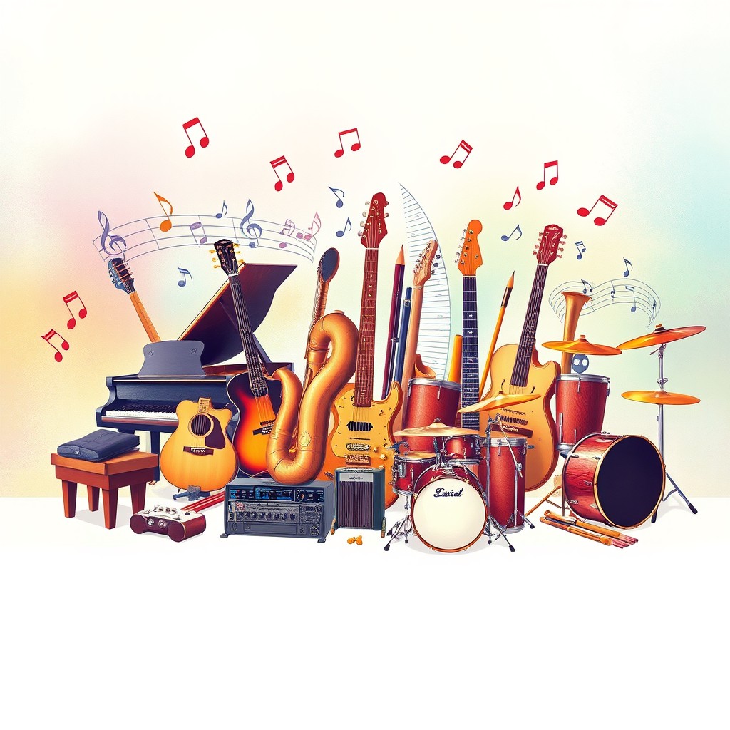 A captivating horizontal illustration of a diverse array of musical instruments, including a grand piano, electric guitar, saxophone, trumpet, and drums, elegantly spread across the canvas
