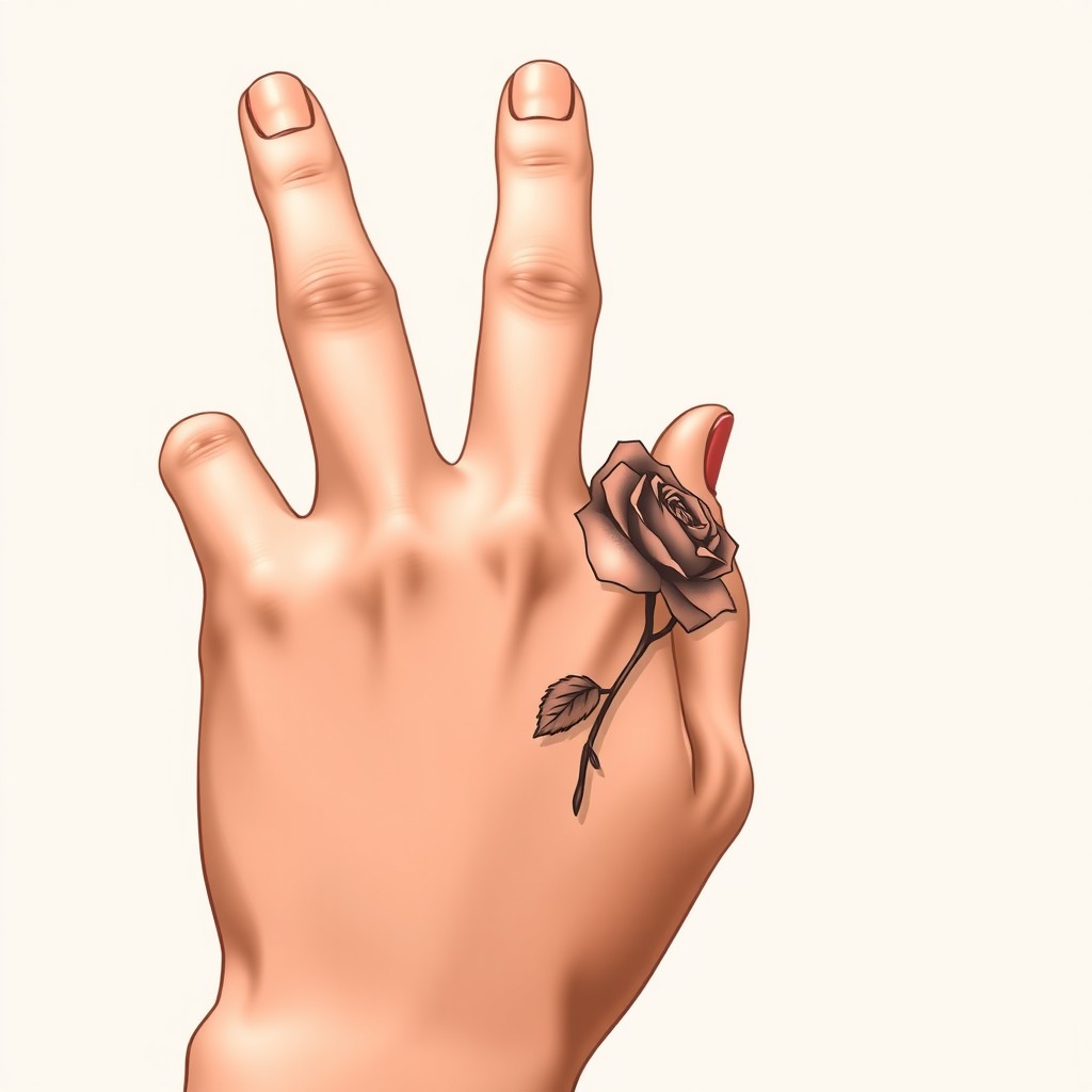 A close-up illustration of a hand depicting specific finger positions: the thumb and ring finger are bent, while the index finger and middle finger are pointing straight ahead, and the little finger is extended