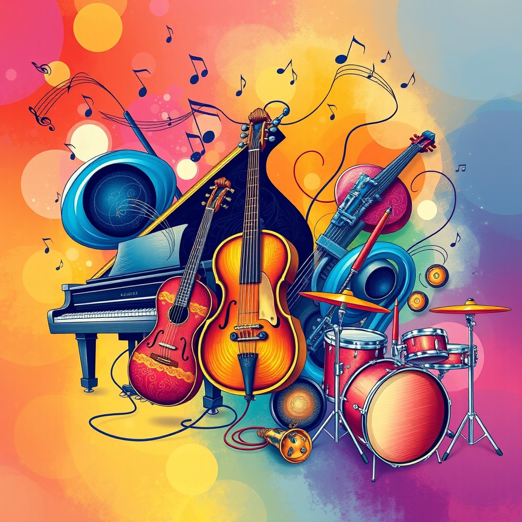 A dynamic and colorful horizontal illustration featuring a captivating arrangement of various musical instruments, including a grand piano, electric guitar, violin, saxophone, and drums